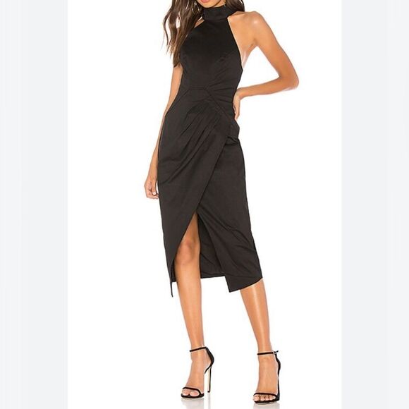 C/meo collective Adept Women's Black High Neck Backless Ruched Midi Dress Size M - Picture 1 of 7
